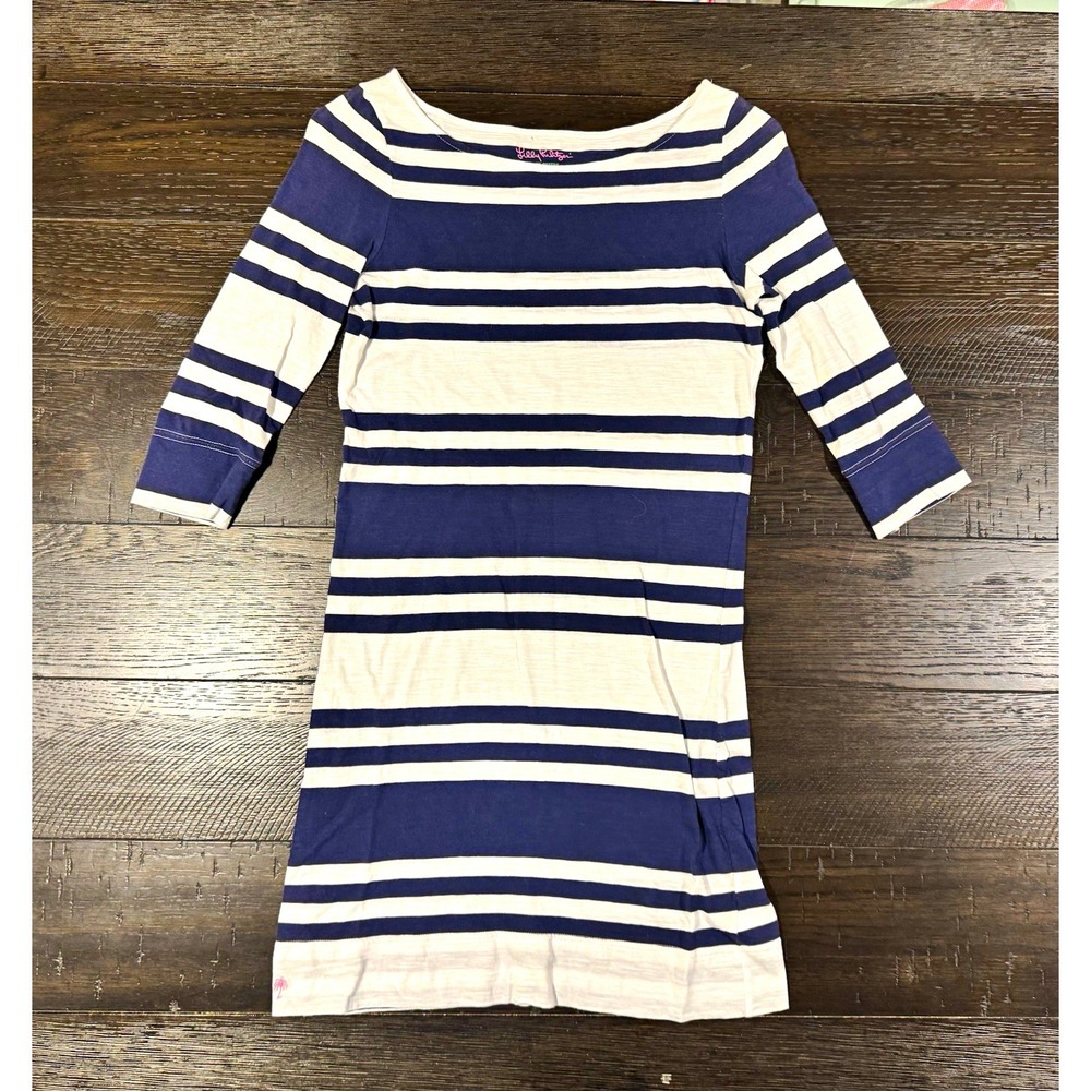 Lilly Pulitzer Shift Dress Womens XS Blue White Striped Knit Boat Neck 3/4